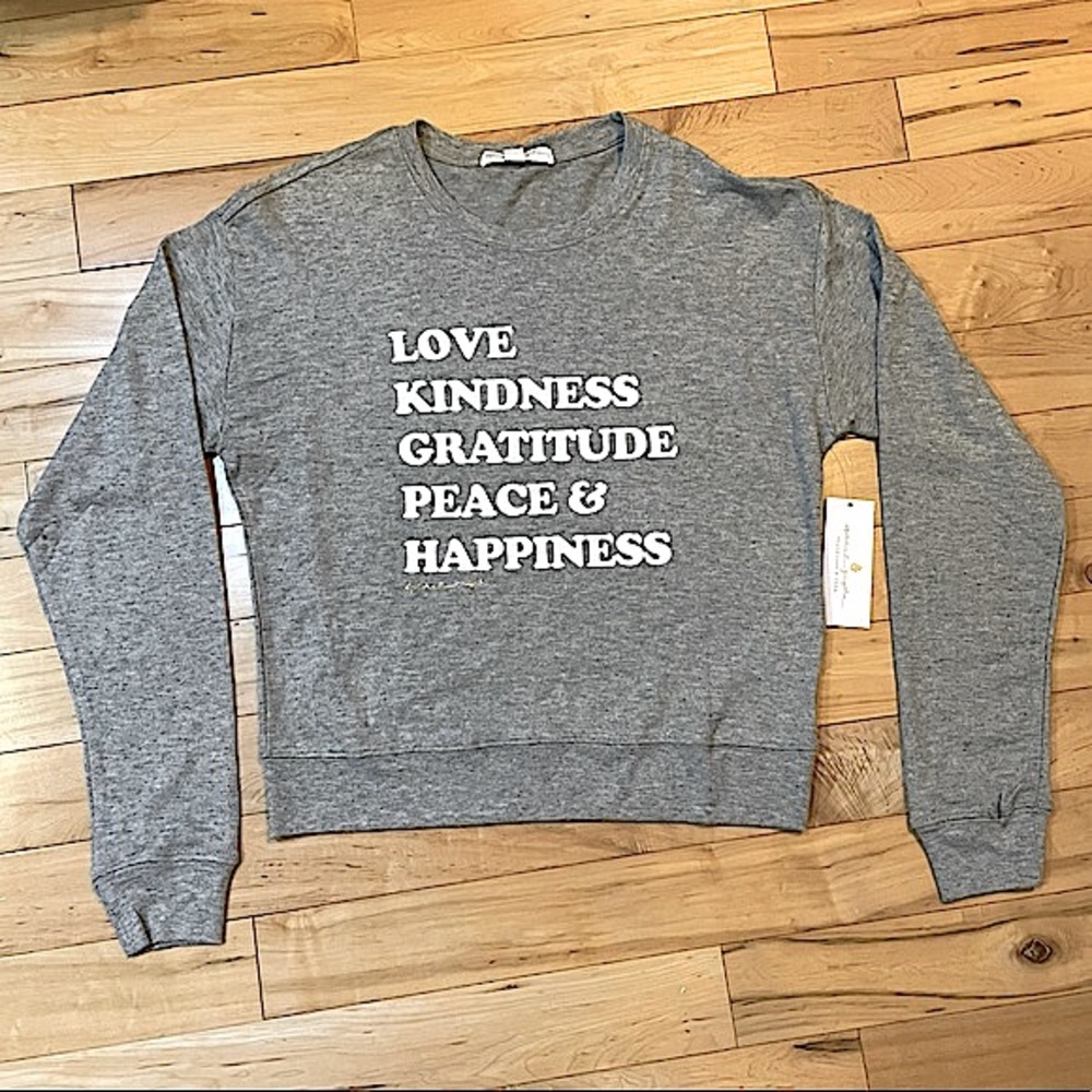 NWT Spiritual Gangster Happiness Crew Neck Savasana Gray Gold White Sweater Top - Picture 2 of 6